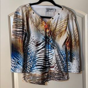 Parisline Brown Blue Chain and Stripe Blouse S